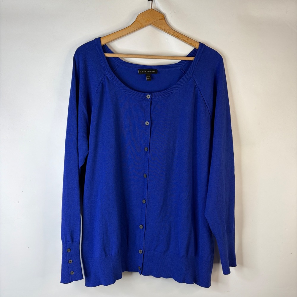 Lane Bryant Cardigan Women 26/28 Royal Blue Button Front Raglan Sleeve Knit